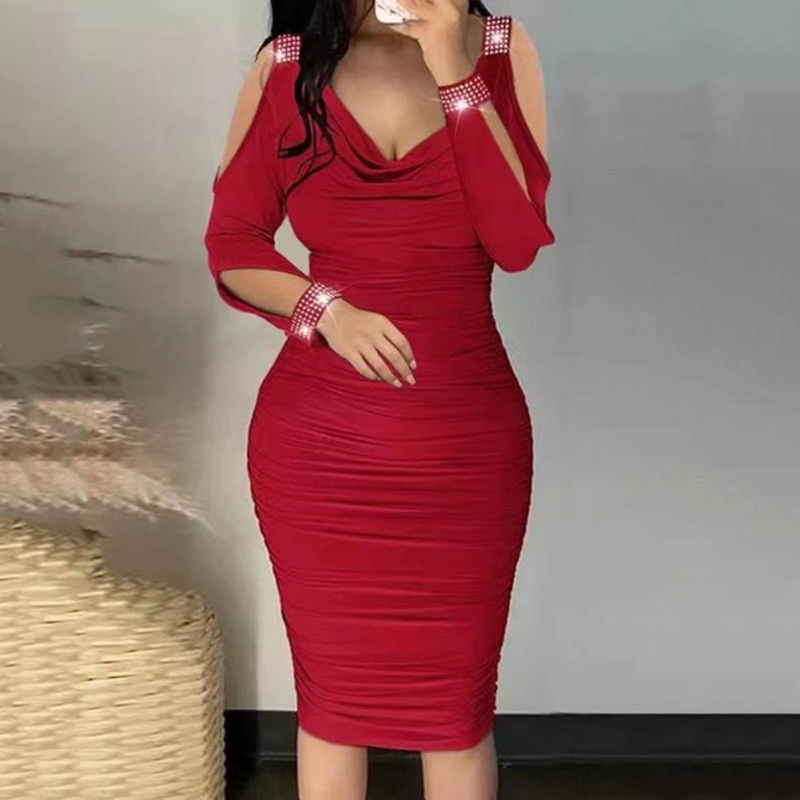 chinese dress ladies Drawstring Round Neck Long Sleeve Midi Dress – Sparkled Leopard Boutique