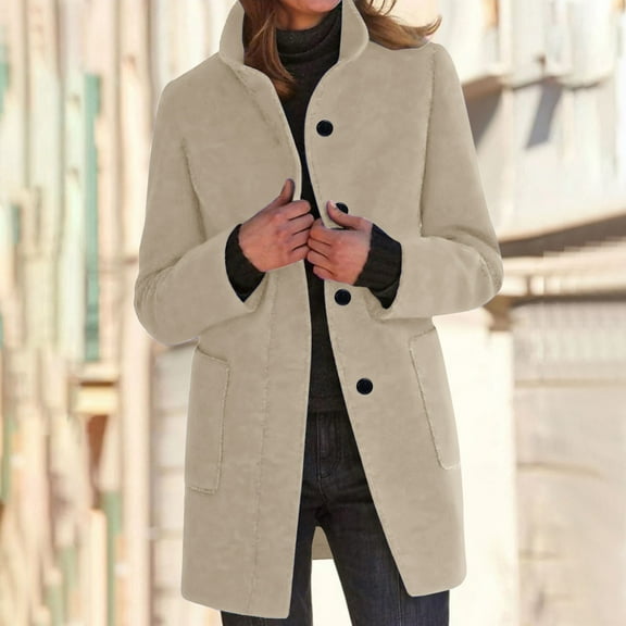 JNGSA Warm Winter Coats for Women, Women's Winter Overcoat Mid-Long Stand Collar Woolen Single Breasted Coat Outerwear with Pockets