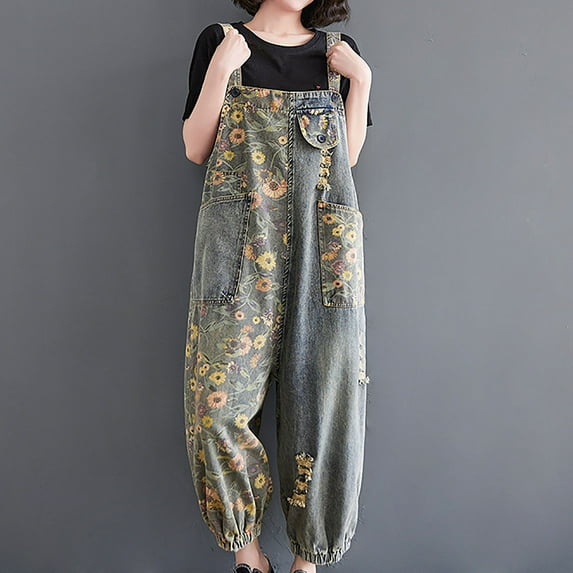 JNGSA Wide Leg Jumpsuit for Women,Women's Denim Jumpsuit with Pocket Button Loose Denim Jumpsuit Jean Pants Strap Pants Comfy Jumpsuits for Women