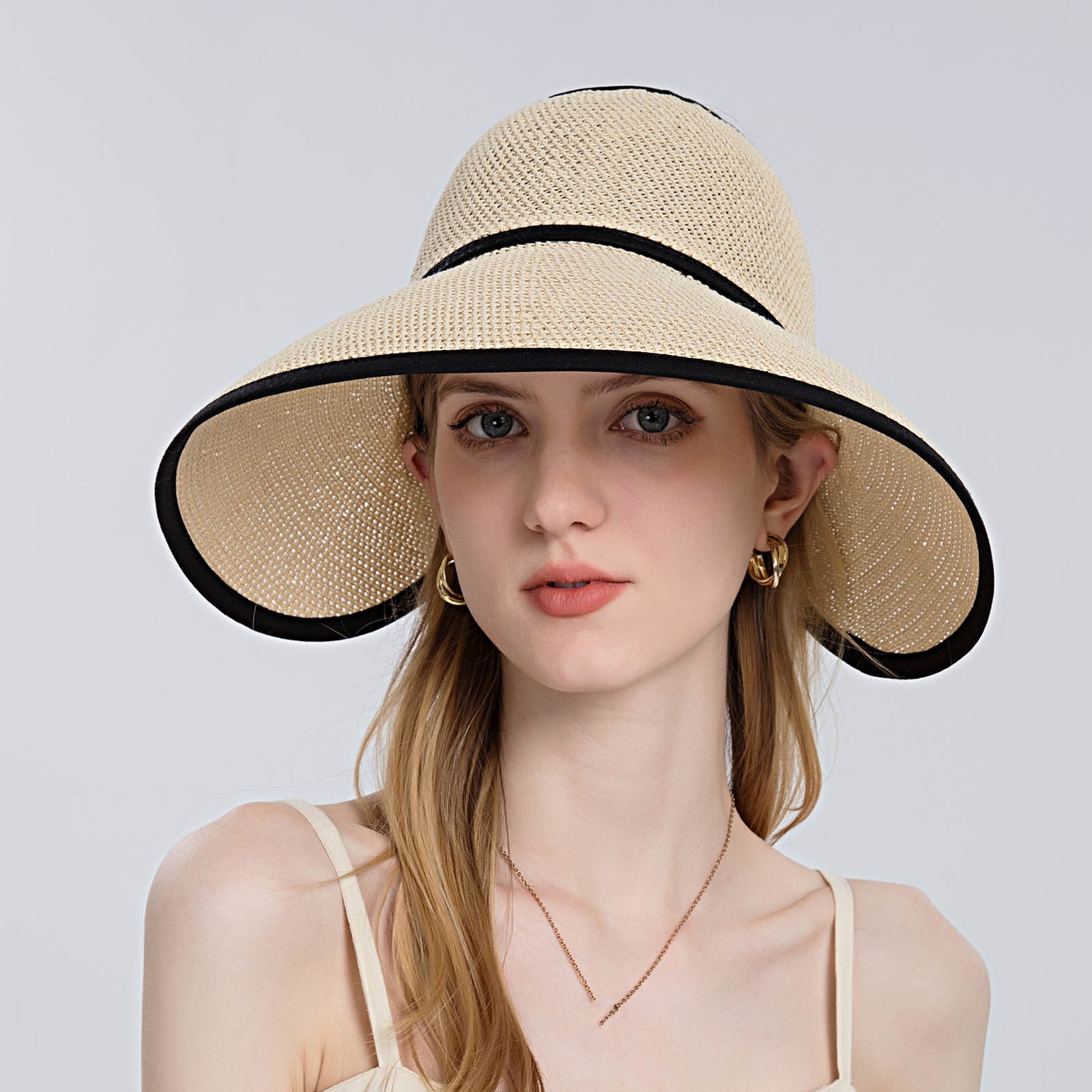JNGSA Wide Trim Visor Hat for Women, Straw Beach Sun Hat Sun Visor Roll-up  Foldable Ponytail with Protection-Amia-Beige 