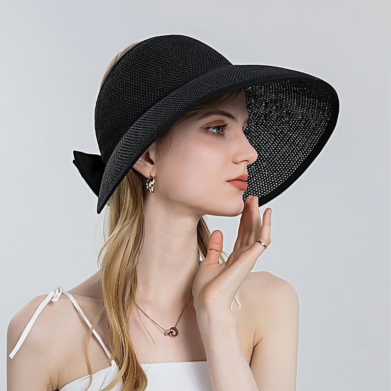 JNGSA Wide Trim Visor Hat for Women, Straw Beach Sun Hat Sun Visor Roll-up  Foldable Ponytail with Protection-Amia-Black