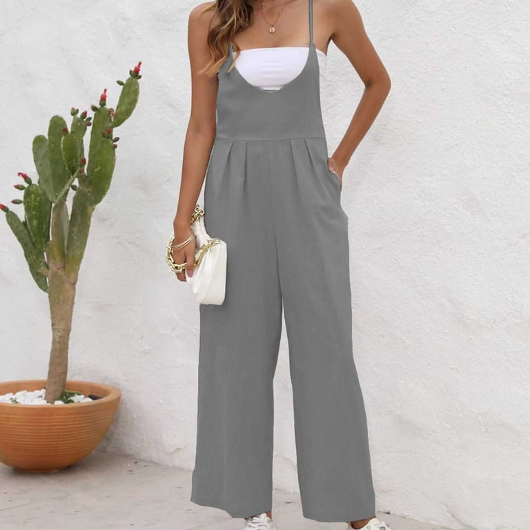 JNGSA Women Casual Wide Leg Jumpsuits Solid Color Cami Button Jumpsuits  Summer Baggy Rompers with Pocket Gray