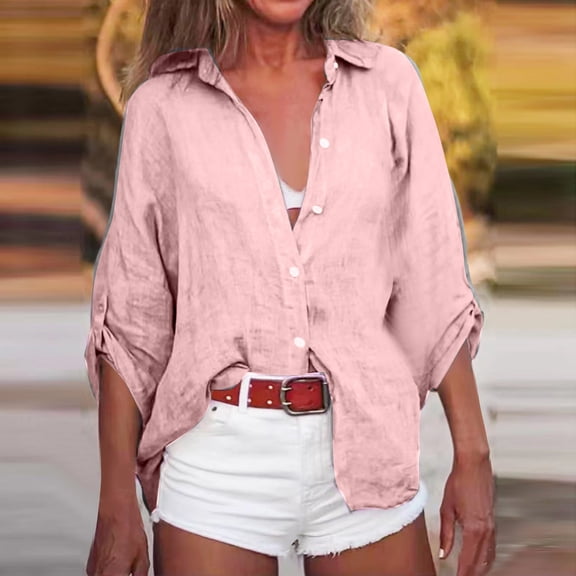 JNGSA Women Cotton Linen Shirt Casual Button-Down Long Sleeve Blouses Casual Oversized Collared Tops Fall Thin Cardigan Pink XXL