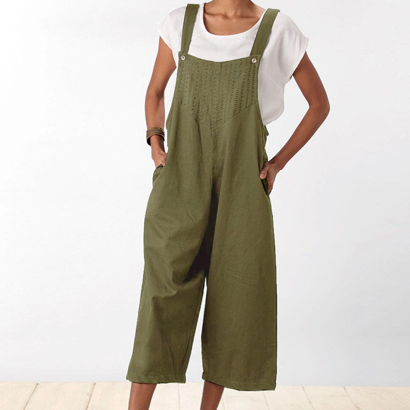 JNGSA Women Summer Wide Leg Jumpsuit Casual Plus Size Romper Pants Plain  One Piece Elegant Loose Trousers Suspender Overalls Army Green 