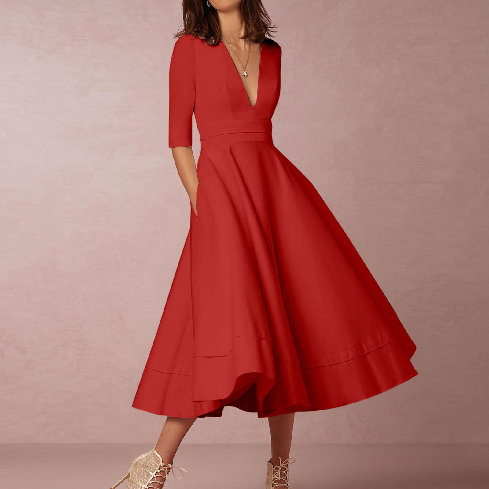 JNGSA Women Trendy Gowns and Evening Dresses Summer Half Sleeve V Neck Solid Color Mid Calf Dress Elegant Flowy Prom Dress Orange