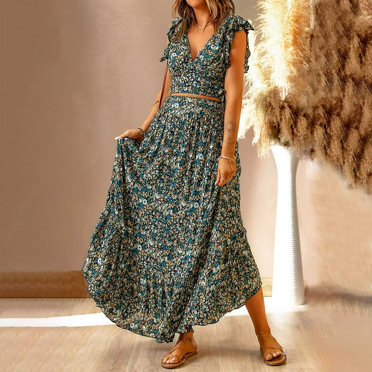 JNGSA Women s 2023 Summer Two Piece Outfits Floral V Neck Puff Sleeveless Crop Top and Flowy Maxi Skirt Set Multicolor 6 Clearance Walmart