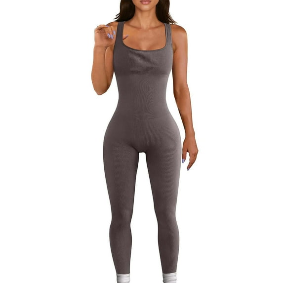JNGSA Women's Bodycon One Piece Shaperwear Sleeveless Tank Top Workout Ribbed Jumpsuits Full Body Bodysuit Yoga Rompers Brown