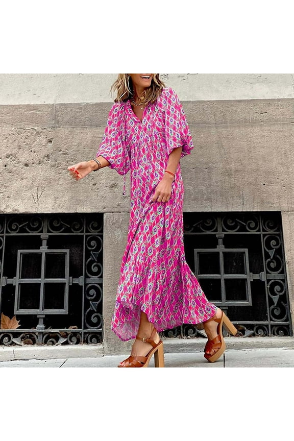 Women's Boho Maxi Dresses Casual Ruffle Long Sleeve V-Neck Flowy Long Beach Dress Plus Size Loose Dress Hot Pink