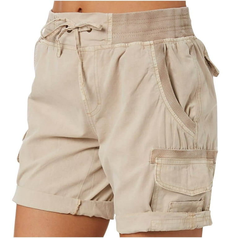 JNGSA Women's Cargo Short Casual Solid Color High Waist Pants A-Line Loose  Wide Leg Casual Short Khaki 6 Clearance 