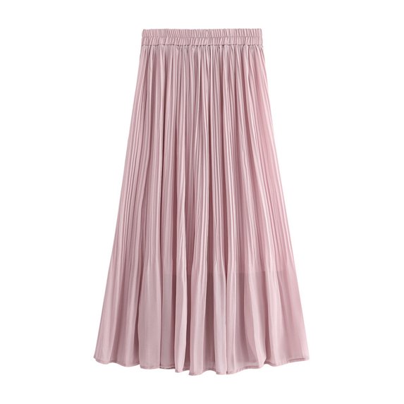 JNGSA Women's Chiffon High Waist Skirt Pleated Solid Color Midi Skirt Loose Flowy Elastic Skirt Elegant Long Skirt Pink