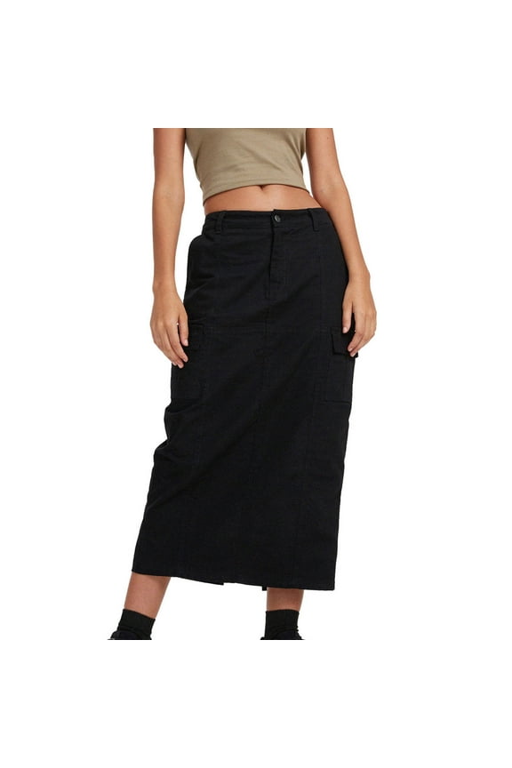 Women's Comfy Stretch Denim Skirt High Waist Solid Color Skirt with Pockets Wrap Bodycon Button Long Jean Skirt Black