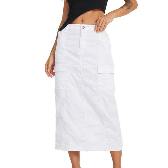 JNGSA Women's Comfy Stretch Denim Skirt High Waist Solid Color Skirt with Pockets Wrap Bodycon Button Long Jean Skirt White