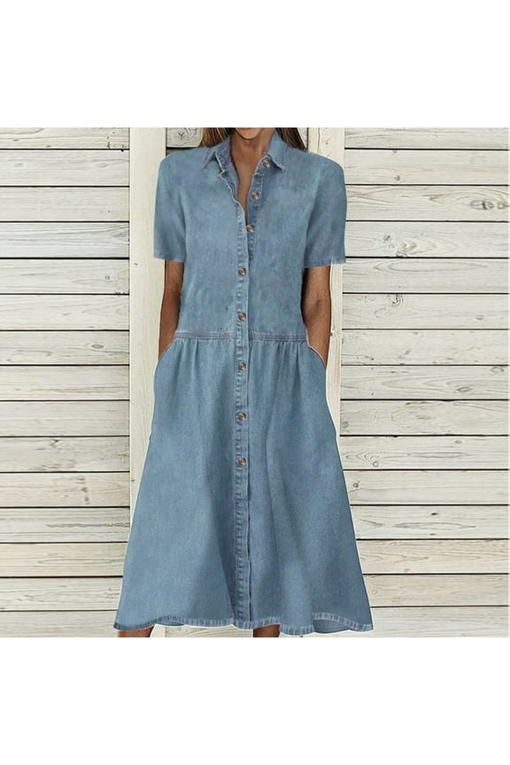 Women's Denim Dress Summer V-Neck Solid CoLor Jean Dress with Pockets Casual Short Sleeved Maxi Dress Blue