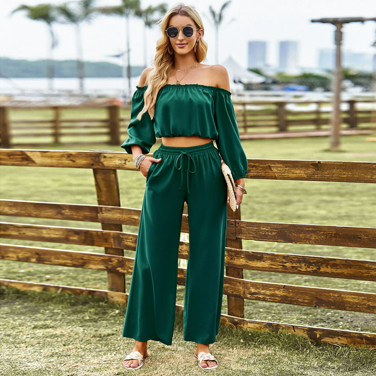 JNGSA Women's Formal Two Piece Outfits Casual Summer Solid Color  Off-Shoulder Tops + Drawstring Pants Evening Party Sets Green 4