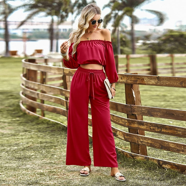 JNGSA Women's Formal Two Piece Outfits Casual Summer Solid Color  Off-Shoulder Tops + Drawstring Pants Evening Party Sets Wine 6