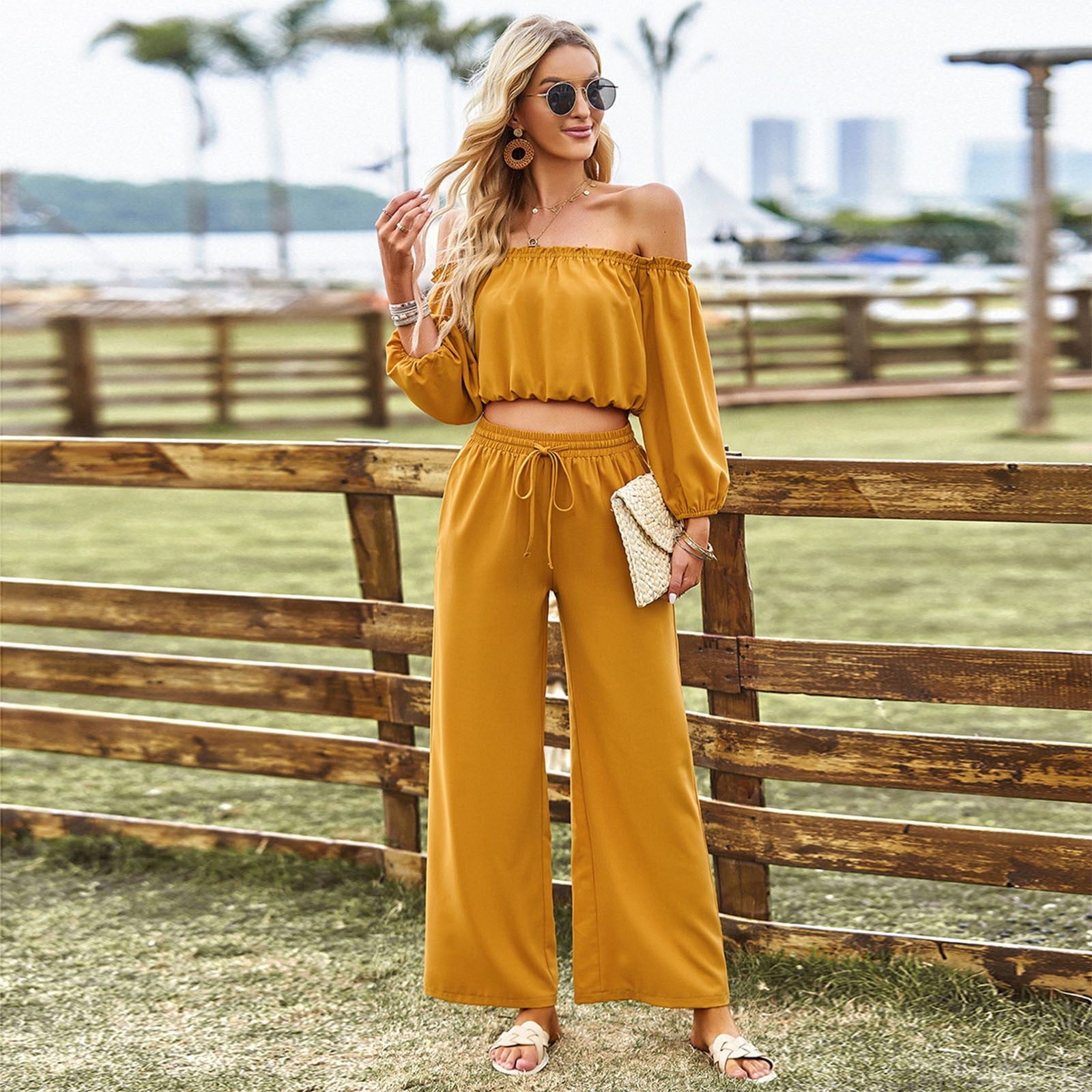 JNGSA Women's Formal Two Piece Outfits Casual Summer Solid Color  Off-Shoulder Tops + Drawstring Pants Evening Party Sets Yellow 6