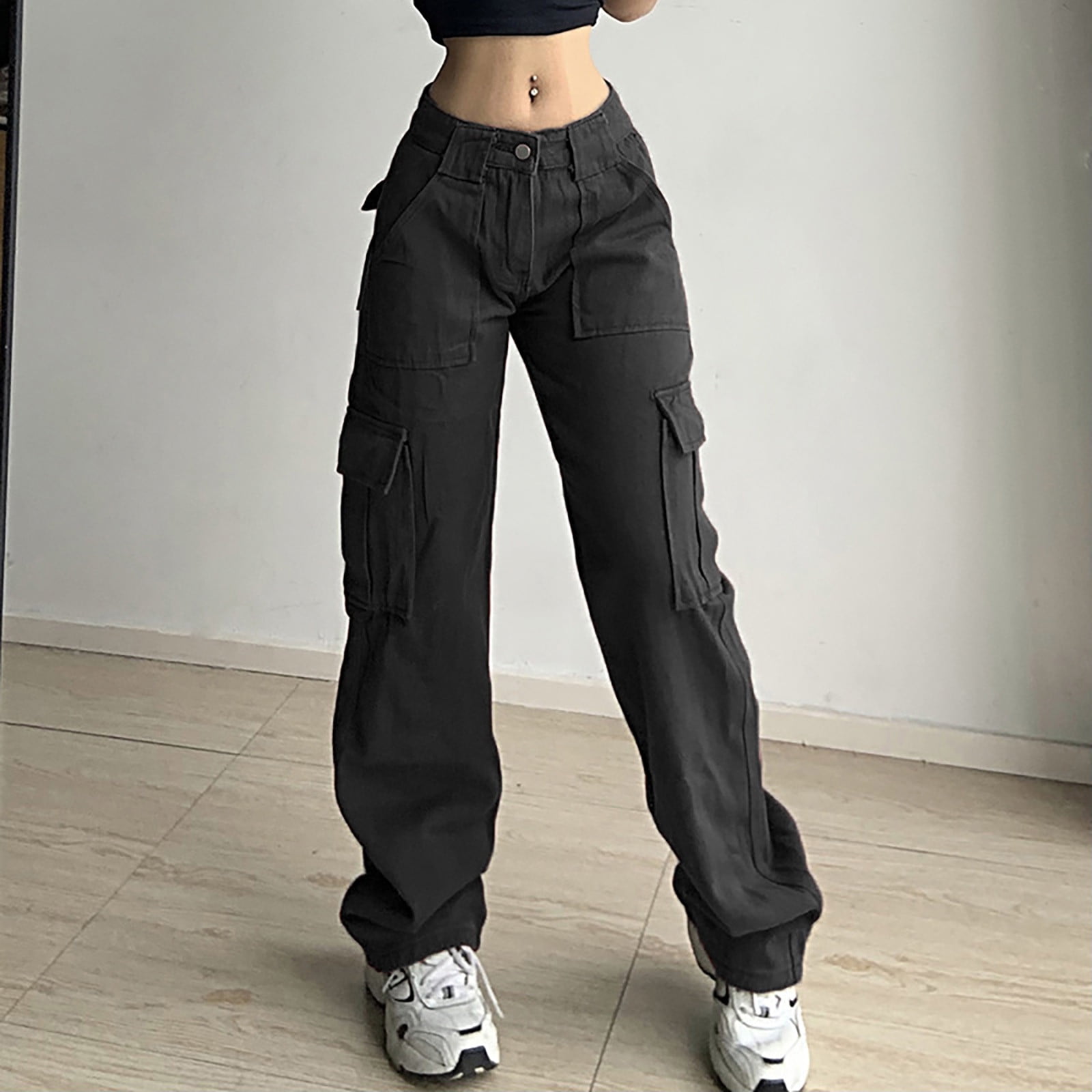 JNGSA Women's High Waist Cargo Jeans Flap Wide Leg Denim Pants with Pocket  Work Suit Straight Leg Jeans for Women Stretch Denim Pants Black M 