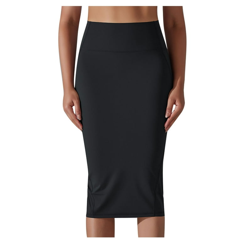 Jngsa Women s High Waisted Elastic Skirt Pull On Midi Length Pencil Skirt Form Fitted Side Slit Skirt Size XL Black