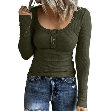 Women's Long Sleeve Henley Top - V-Neck, Button Front, Round Hem, Jersey Blend Casual Shirt