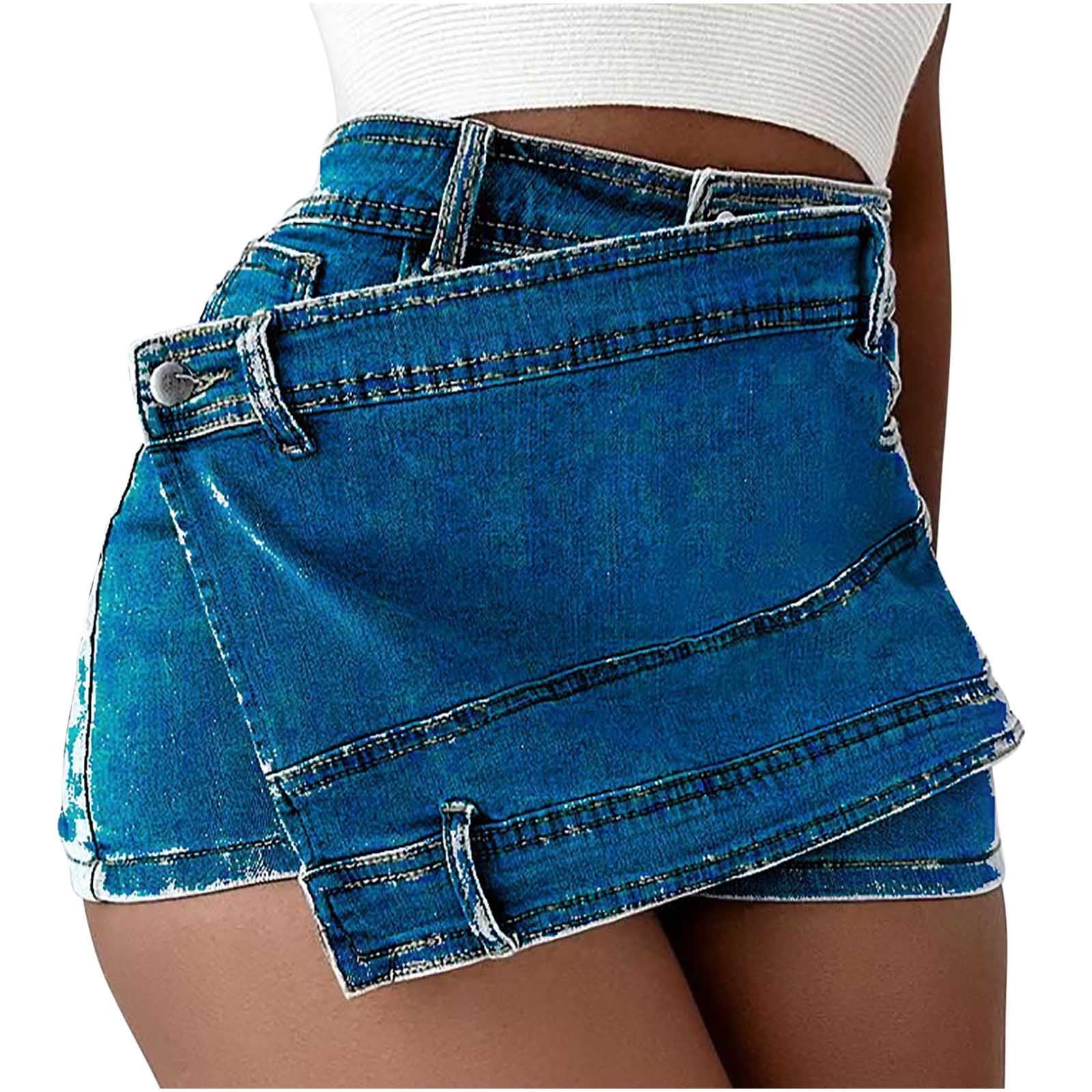 JNGSA Women's Mini Denim Skirts Short Jean Skirt High Waist Irregular  Slimming Denim Culottes With Shorts Skirt Summer Trendy Dark Blue 