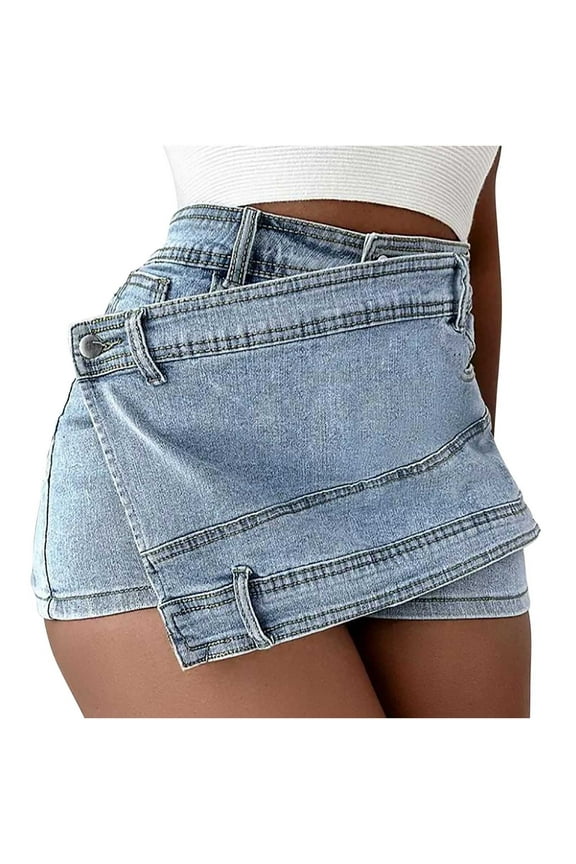 Women's Mini Denim Skirts Short Jean Skirt High Waist Irregular Slimming Denim Culottes With Shorts Skirt Summer Trendy Light Blue