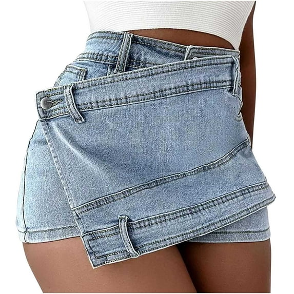 JNGSA Women's Mini Denim Skirts Short Jean Skirt High Waist Irregular Slimming Denim Culottes With Shorts Skirt Summer Trendy Light Blue