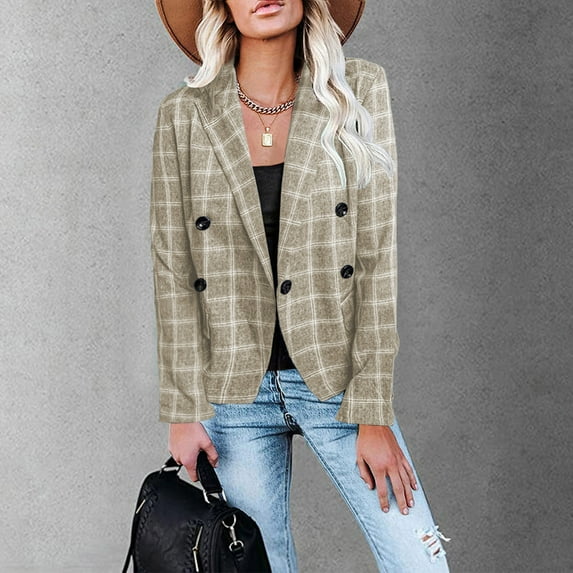 JNGSA Women's Plaid Blazer Coat Casual Button Long Sleeve Suit Coat Blazer Blouse Open Front Work Office Lapel Jackets Khaki XL