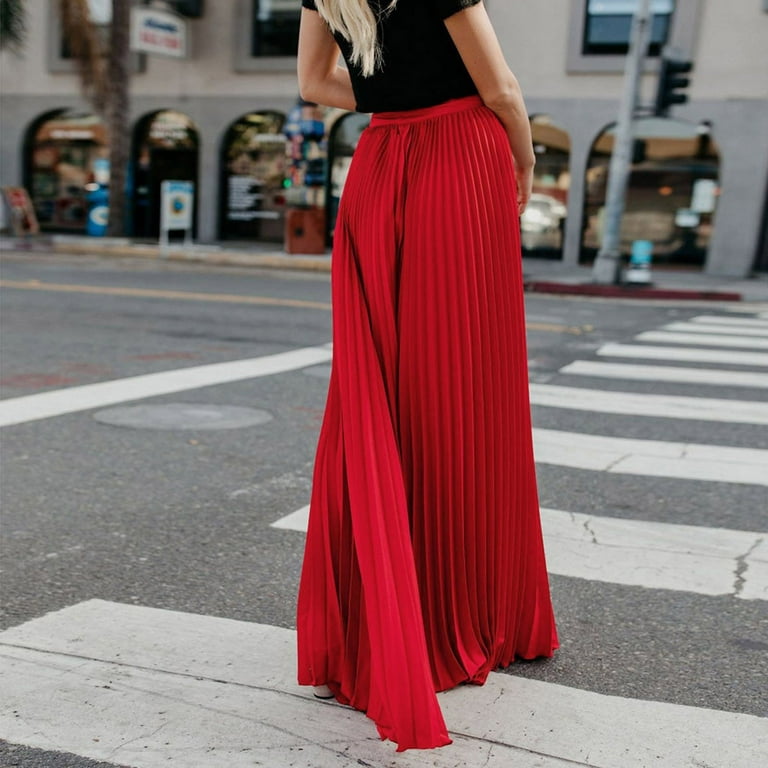 JNGSA Women's Pleated Maxi Skirts High Waist Ruched Soild Color Vintage  Loose Beach Wrap Long Skirt Summer Flowy Skirts for Party Red