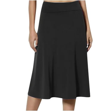 JNGSA Women's Ruched High Waist Knee Length Jersey A-Line Stretchy Flared Casual Midi Skirt