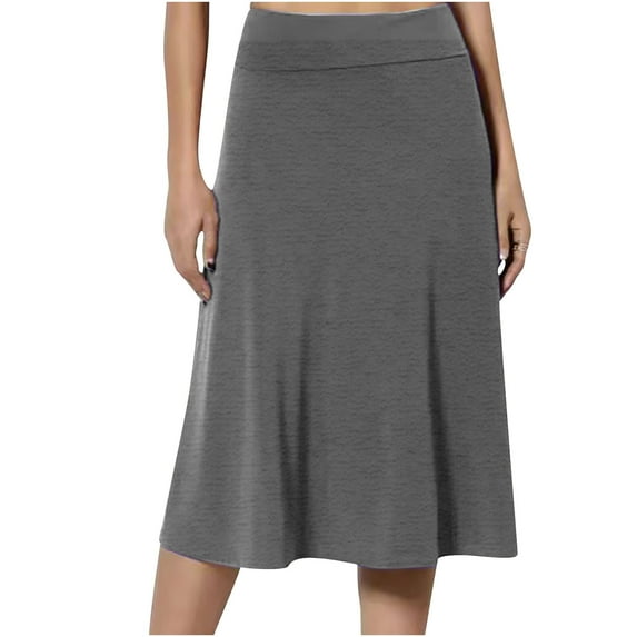 JNGSA Women's Ruched High Waist Knee Length Jersey A-Line Stretchy Flared Casual Midi Skirt