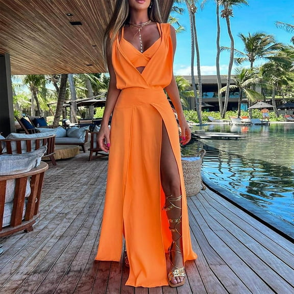 JNGSA Women's Sleeveless Dress Backless Spilt Maxi Dress and Underwear Soild Color Suit Casual Summer Beach Boho Vacation Outfits Orange 6