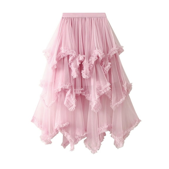 JNGSA Women's Tulle Skirt Formal High Low Hem Skirt Midi Tea-Length Elastic Waist Skirts High Waist Cute Skirt Pink