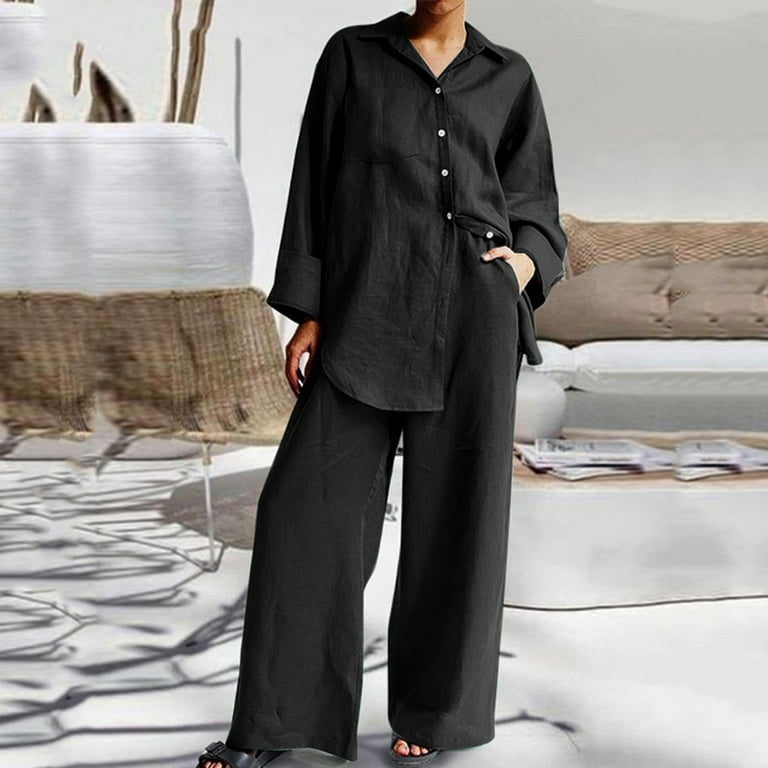 JNGSA Women's Two Piece Cotton Linen Set Plain Button Long Sleeve Shirt and  Wide Leg Pants with Pocket Loose Lounge Set Black S 