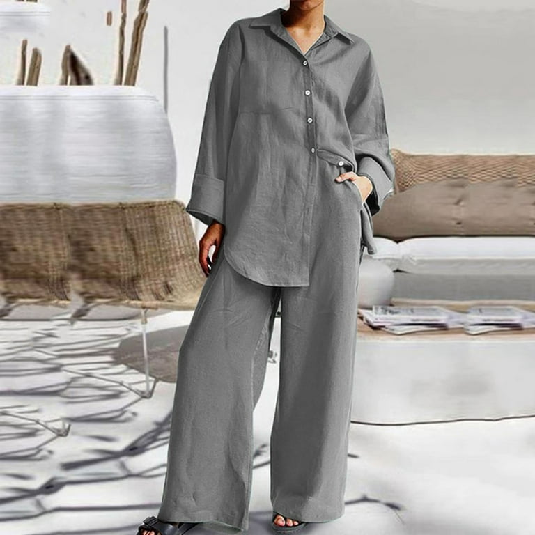 JNGSA Women's Two Piece Cotton Linen Set Plain Button Long Sleeve Shirt and  Wide Leg Pants with Pocket Loose Lounge Set Gray XXL 