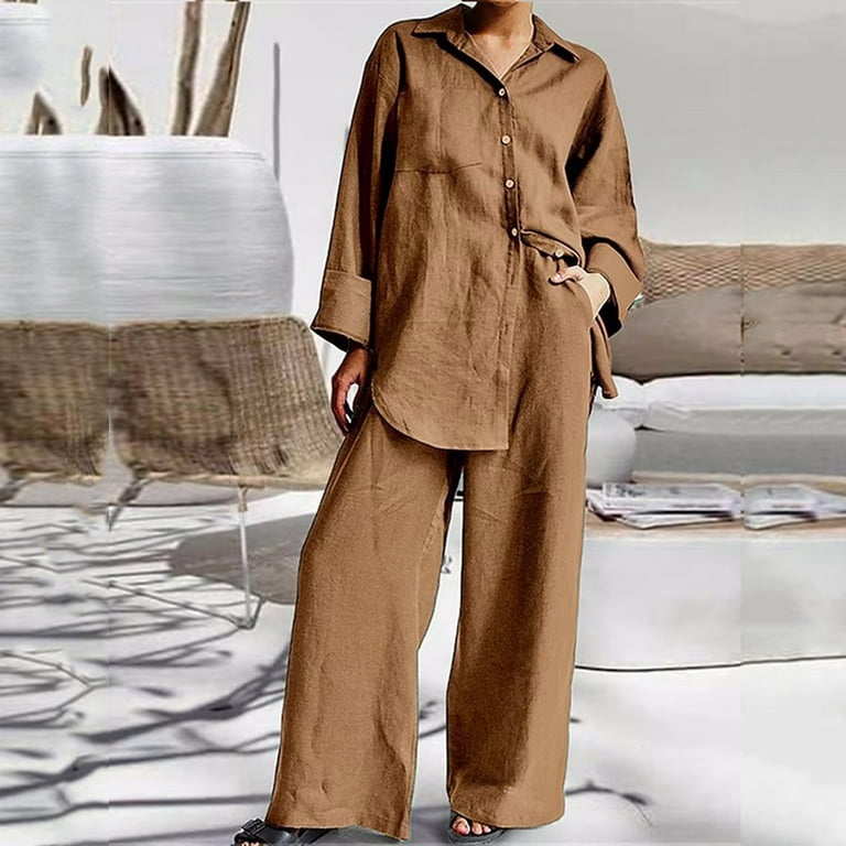 JNGSA Women's Two Piece Cotton Linen Set Plain Button Long Sleeve Shirt and  Wide Leg Pants with Pocket Loose Lounge Set Khaki M 