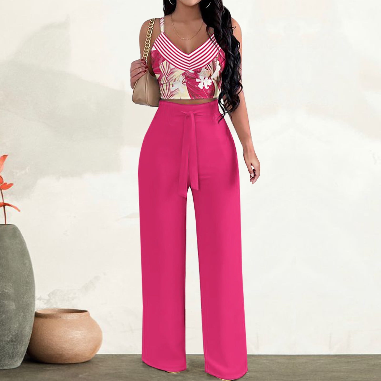 WMNS Jersey Fabric Tank and Drawstring Pants Two Piece Set / Pink