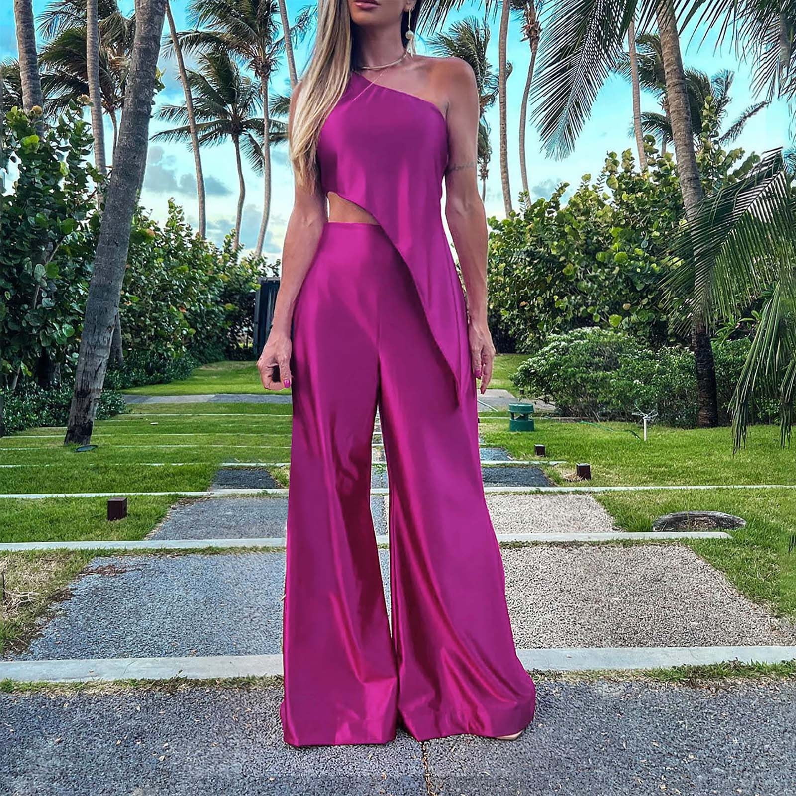 JNGSA Women's Two Piece Sets Summer Solid Color OneShoulder Sleeveless