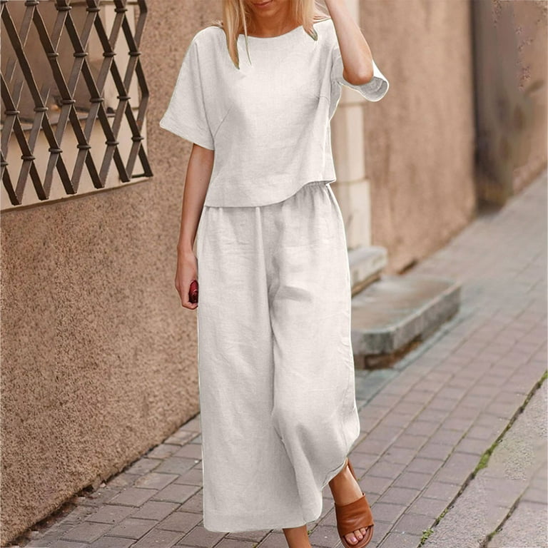 JNGSA Womens 2 Pieces Outfits Round Neck Soild Color Short Sleeve Top  Drawstring Wide Leg Pants Set Casual Cotton Linen Jumpsuits White 6 