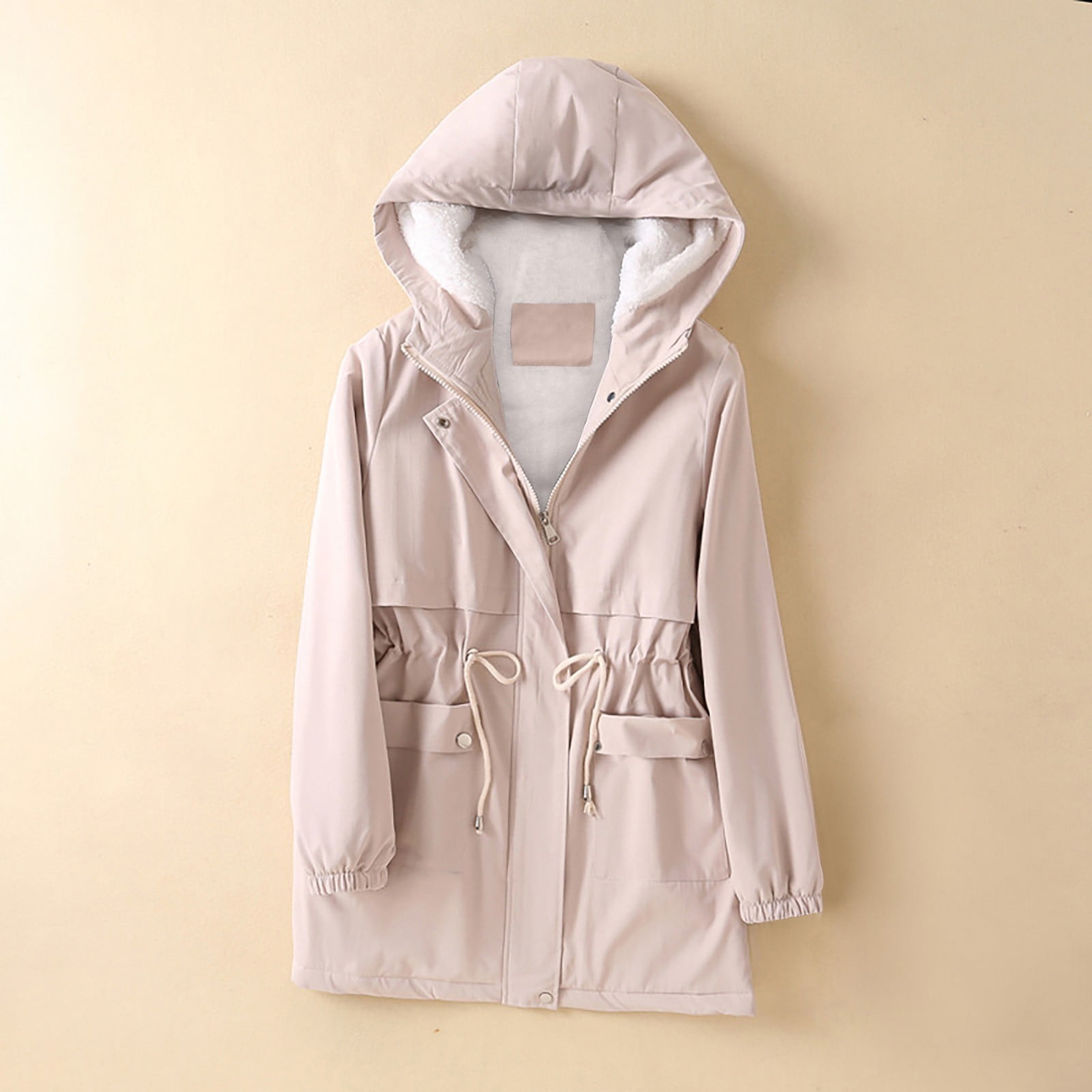 JNGSA Womens Button Zip Up Jacket Long Sleeve Drawstring Waist Coat Lightweight Midlength Coat