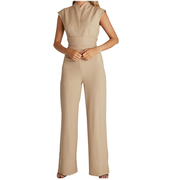 JNGSA Womens Casual Jumpsuits Sleeveless V Neck Bow Belt Rompers with Pocket Solid Color Jumpsuits Dressy Khaki