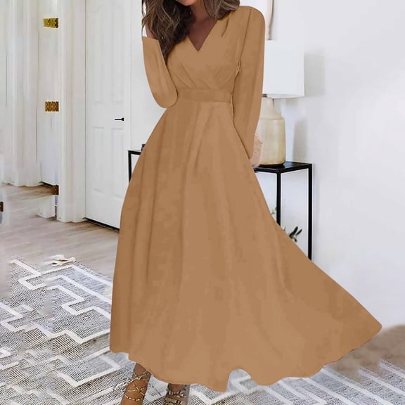 Aueoeo Womens Dresses Fall , Womens Cocktail Dresses Crewneck Lantern Long Sleeve Formal Dress Tie Waist Maxi Dresses