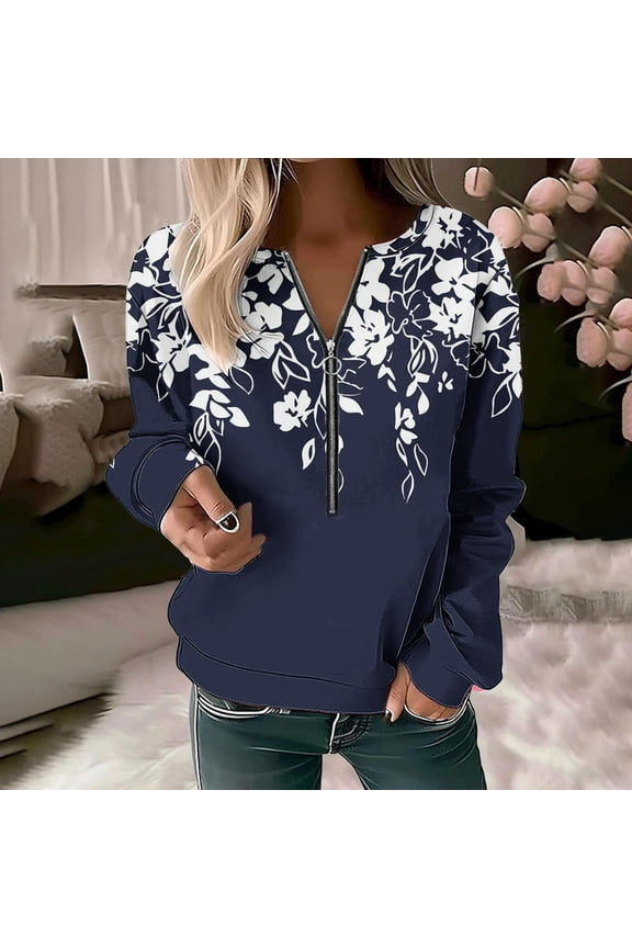 Womens Fall Fashion 2024 Petite Sweatshirts Floral Half Zip Casual Pullovers Lightweight Long Sleeve Tops