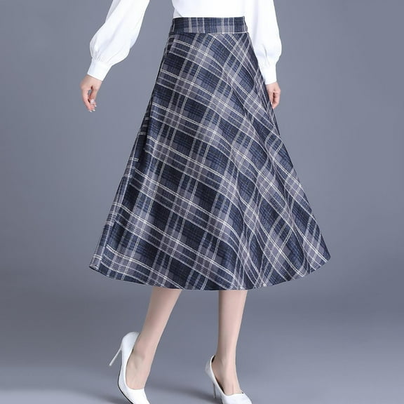 JNGSA Womens Long Skirts, Womens Woolen Plaid Skirt Winter Mid Length High Waisted Pleated Skirt Swing Long Skirt
