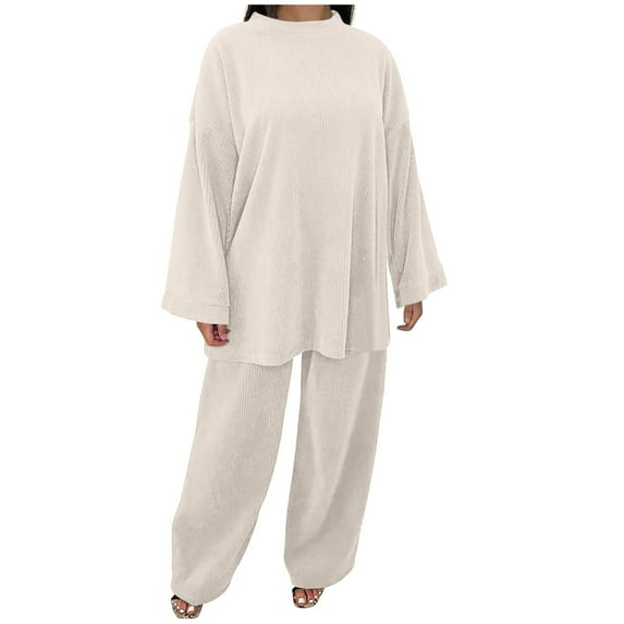 JNGSA Womens Lounge Sets, Women's Fashion 2 Piece Outfits Loose Crewneck Long Sleeve Top and Wide Leg Pants Lounge Set