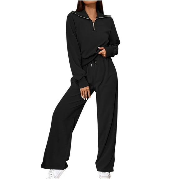 JNGSA Womens Loungewear Set,Women's Two Piece Outfits Long Sleeve Zipper Pullover Sweatshirt and Wide Leg Pants Tracksuit Lounge Sets Black