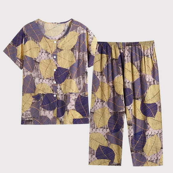 JNGSA Womens Pajamas Set Floral Print Sleepwear Tops with Capri Pants Casual Summer 2 Piece Pjs Set Lounge Sets