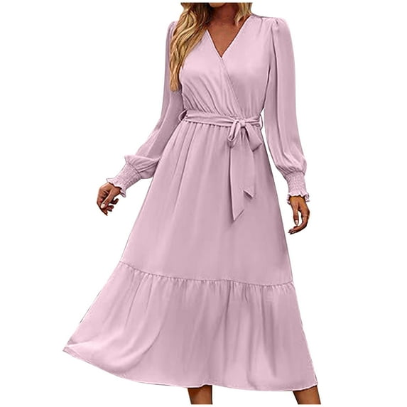 JNGSA Womens Winter Dresses, Womens 2023 Fall Wedding Guest Dress V Neck Long Sleeve Tie Waist Dress Long Maxi Dress