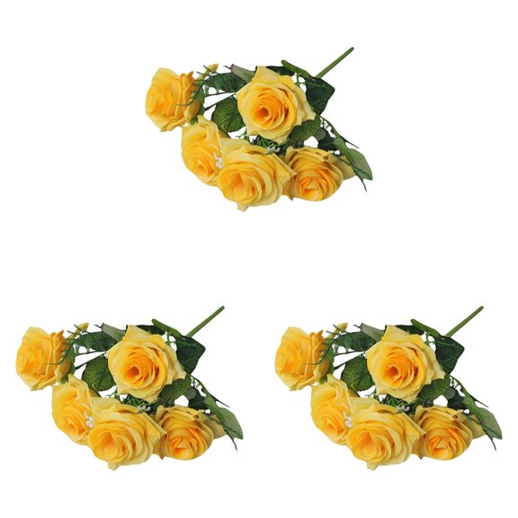 JNHKLASR 3PCS Realistic Yellow Rose,Five Headed Flower,11nch,Flower Bunches with Leaves for Table, Centerpiece, Wedding, Home Decor