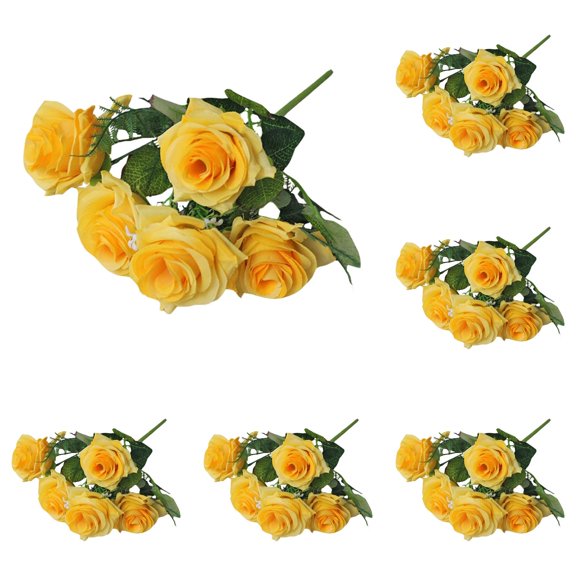 JNHKLASR 6PCS Realistic Yellow Rose,Five Headed Flower,11nch,Flower Bunches with Leaves for Table, Centerpiece, Wedding, Home Decor