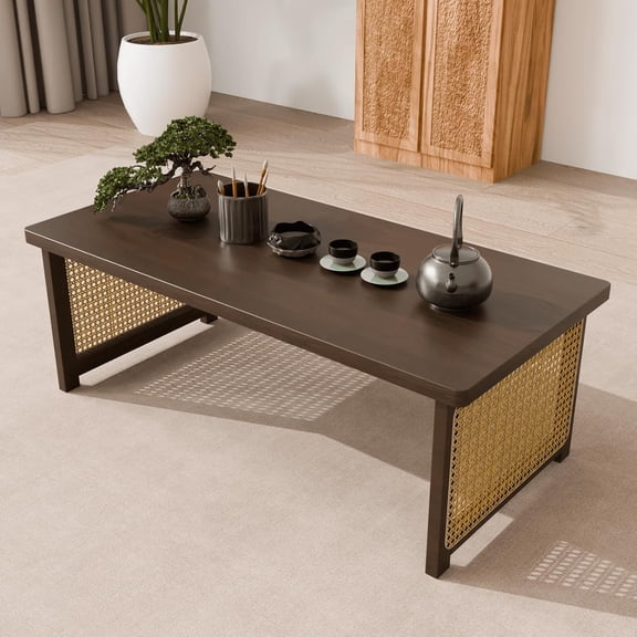 JNMDLAKO Japanese Floor Table Folding Coffee Table, No Assembly Portable Bamboo Low Tea Tables with Vine Woven Legs, Rectangular Thickened Tatami Tables for Living Room, Dining Room (Walnut)